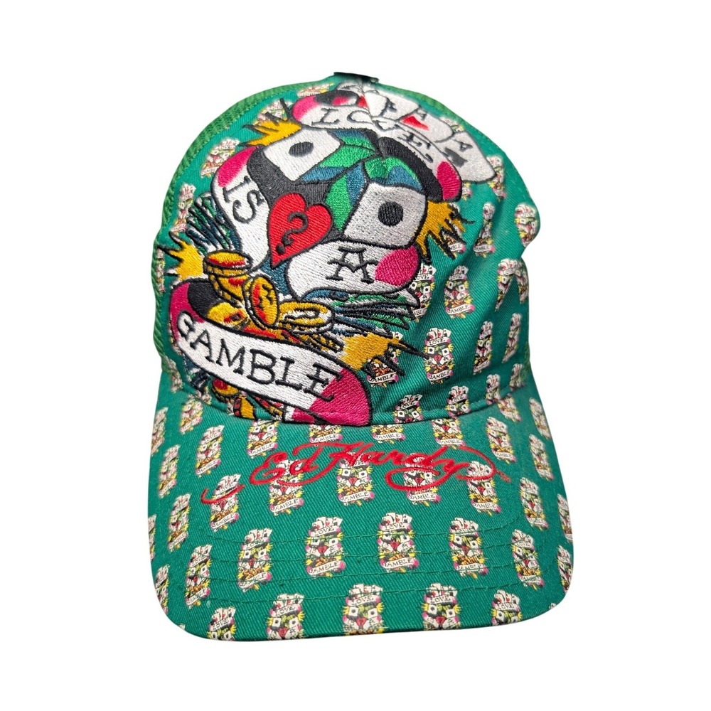 Ed Hardy Trucker Hat Mens Green Love is a Gamble Embroidered Mesh Snapback Y2K